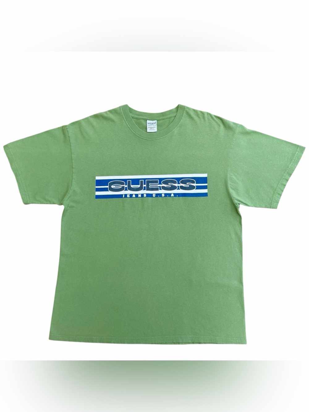 Vintage 90s Guess Jeans USA Green Big Classic Logo Short Sleeve T Shirt Size XL